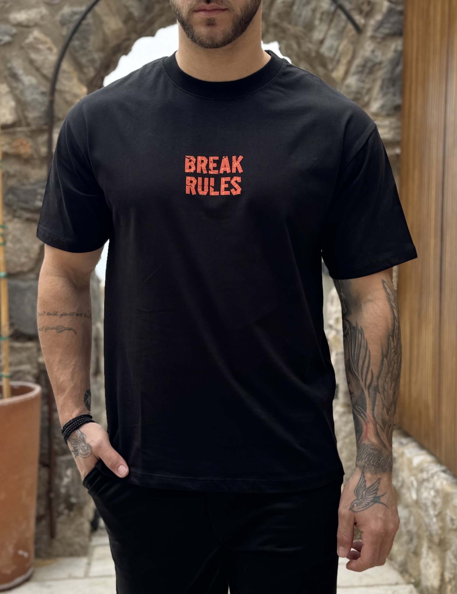 Ανδρική βαμβακερή μαύρη κοντομάνικη Oversized μπλούζα με τύπωμα KEF2624M - KEF - 